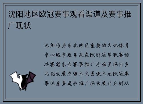 沈阳地区欧冠赛事观看渠道及赛事推广现状